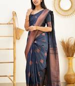 ethnic navy blue resham thread pure art silk blend multicolor saree with unstitched blouse