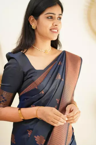 ethnic navy blue resham thread pure art silk blend multicolor saree with unstitched blouse
