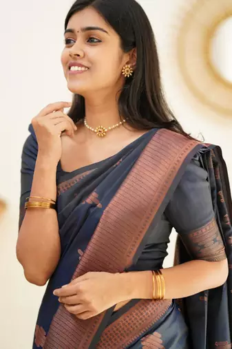 ethnic navy blue resham thread pure art silk blend multicolor saree with unstitched blouse