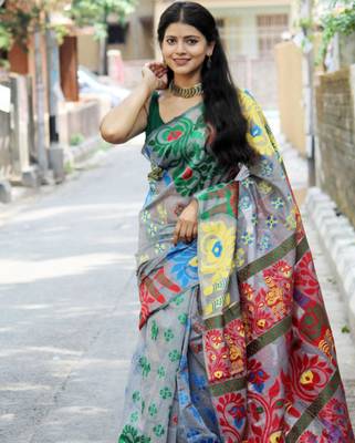  jacquard grey resham thread cotton silk kerala saree without blouse 1