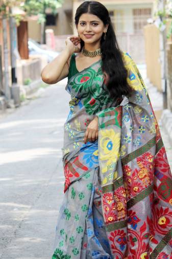  jacquard grey resham thread cotton silk kerala saree without blouse