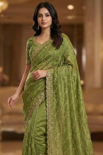 Olive Color Sequence Embroidery Work With Cut Work Border Silk Saree