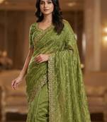 Olive Color Sequence Embroidery Work With Cut Work Border Silk Saree