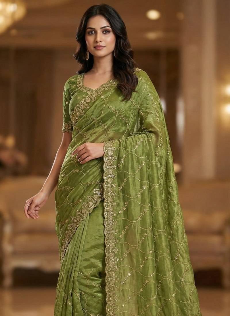 Olive Color Sequence Embroidery Work With Cut Work Border Silk Saree