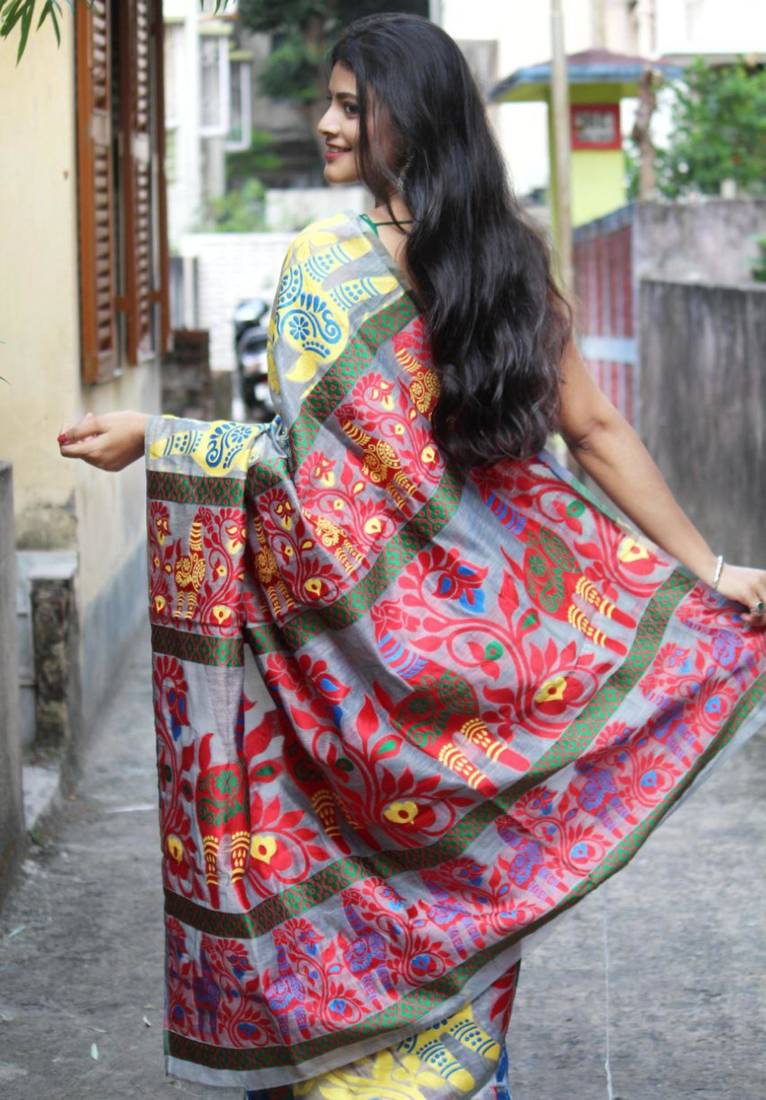 traditional jacquard grey resham thread cotton silk kerala saree without blouse