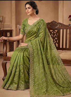 Olive Color Sequence Embroidery Work With Cut Work Border art silk saree 2