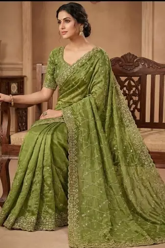 Olive Color Sequence Embroidery Work With Cut Work Border art silk saree