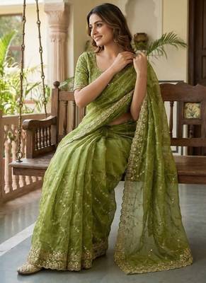 Olive Color Sequence Embroidery Work With Cut Work Border art silk saree 3