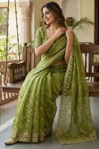 Olive Color Sequence Embroidery Work With Cut Work Border art silk saree