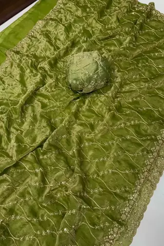 Olive Color Sequence Embroidery Work With Cut Work Border art silk saree