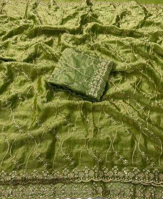 Olive Color Sequence Embroidery Work With Cut Work Border art silk saree 5