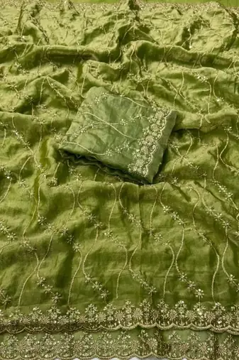 Olive Color Sequence Embroidery Work With Cut Work Border art silk saree