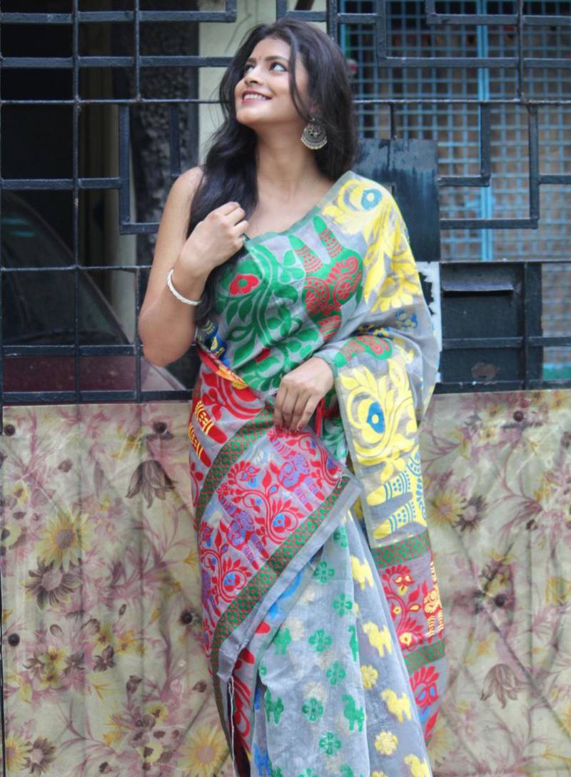 traditional jacquard grey resham thread cotton silk kerala saree without blouse