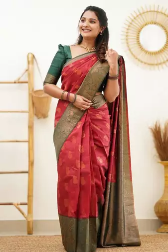 designer red woven silk cotton bollywood saree with unstitched blouse
