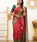designer red woven silk cotton bollywood saree with unstitched blouse