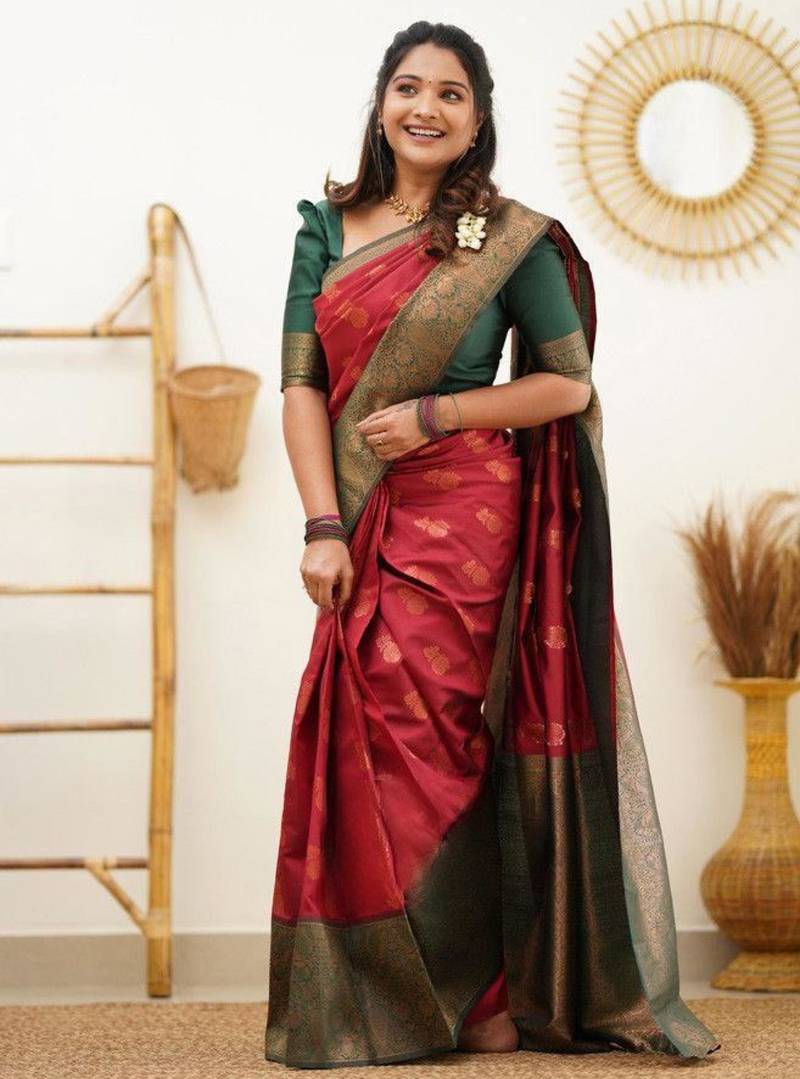 designer red woven silk cotton bollywood saree with unstitched blouse