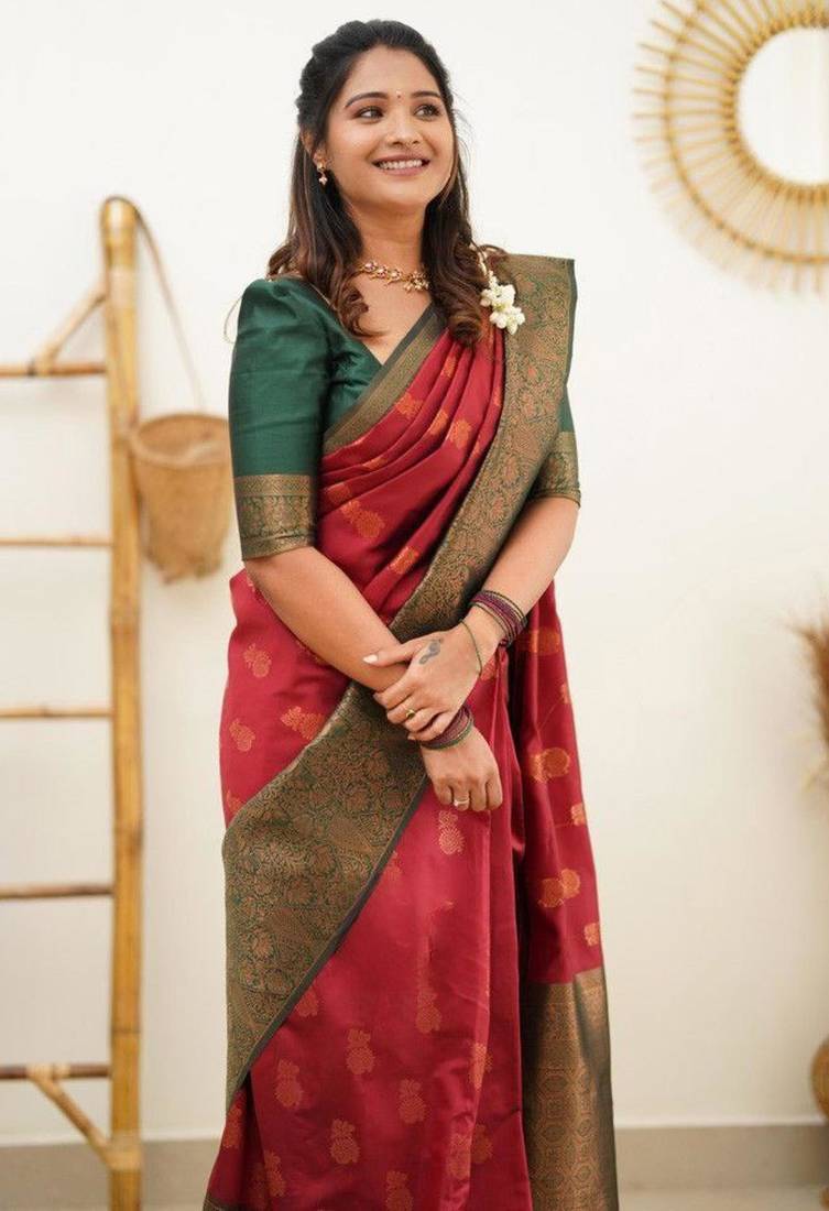 designer red woven silk cotton bollywood saree with unstitched blouse