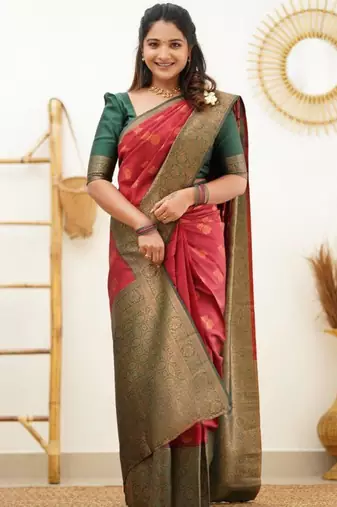  red woven silk cotton saree with unstitched blouse