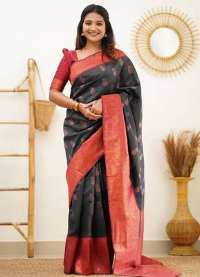pure black jacquard south silk fancy saree with unstitched blouse 1