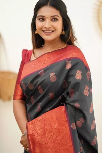 pure black jacquard south silk fancy saree with unstitched blouse