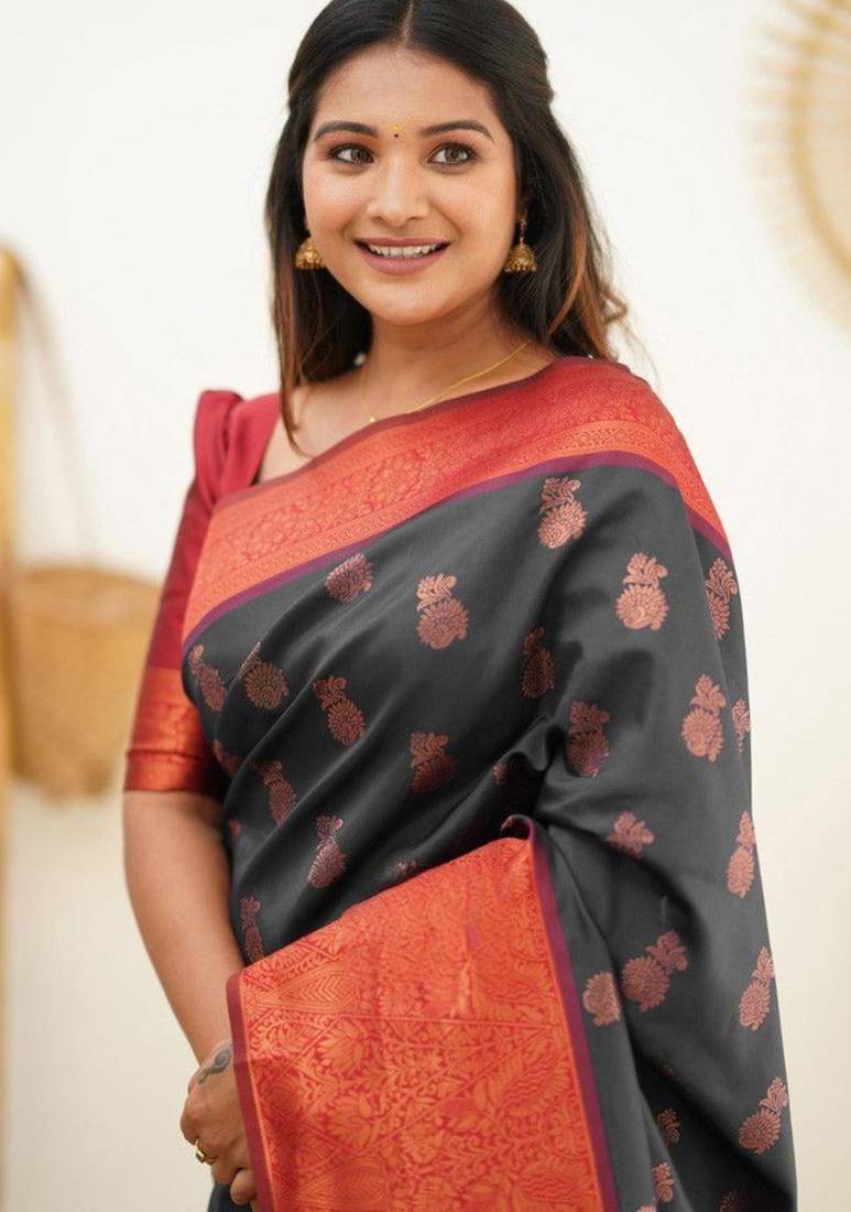 pure black jacquard south silk fancy saree with unstitched blouse