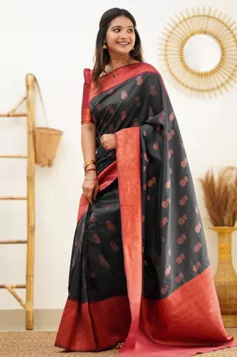 pure black jacquard south silk fancy saree with unstitched blouse