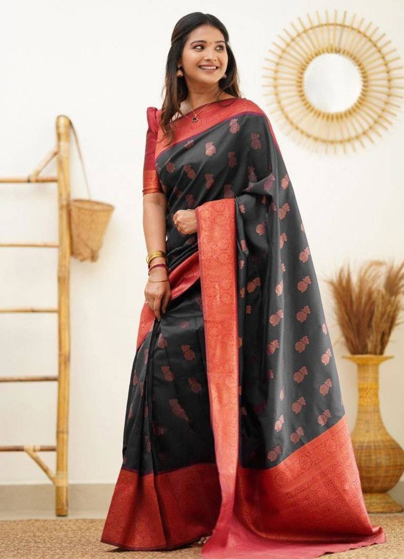 pure black jacquard south silk fancy saree with unstitched blouse
