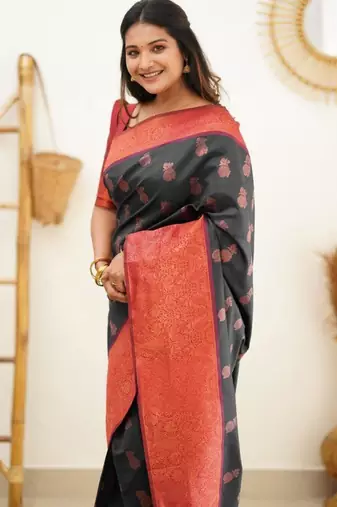 pure black jacquard south silk fancy saree with unstitched blouse
