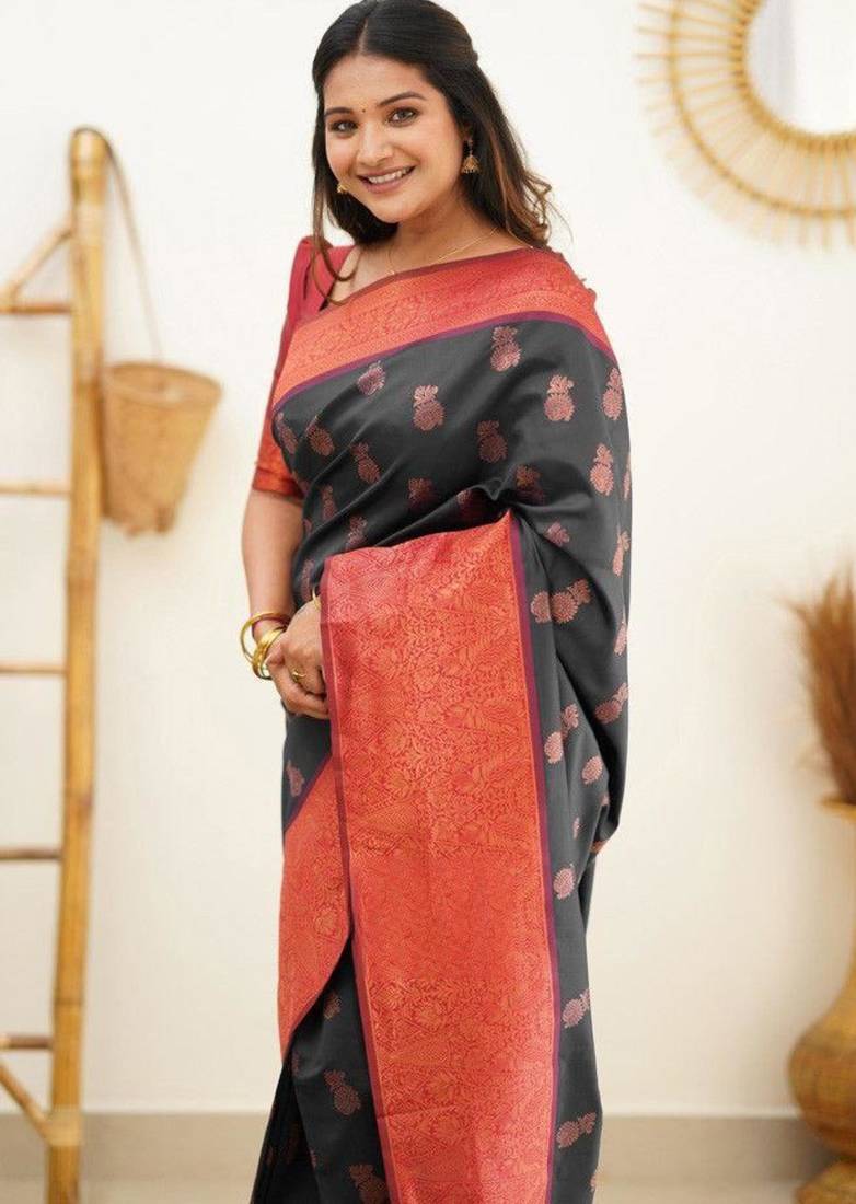 pure black jacquard south silk fancy saree with unstitched blouse