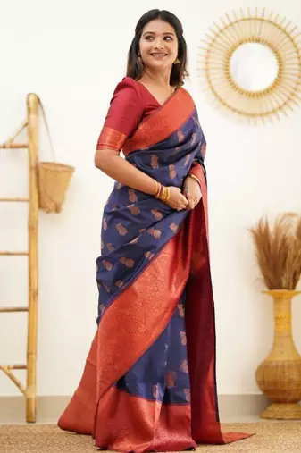 light weight navy blue resham thread pure art silk gift saree with unstitched blouse