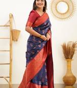 light weight navy blue resham thread pure art silk gift saree with unstitched blouse