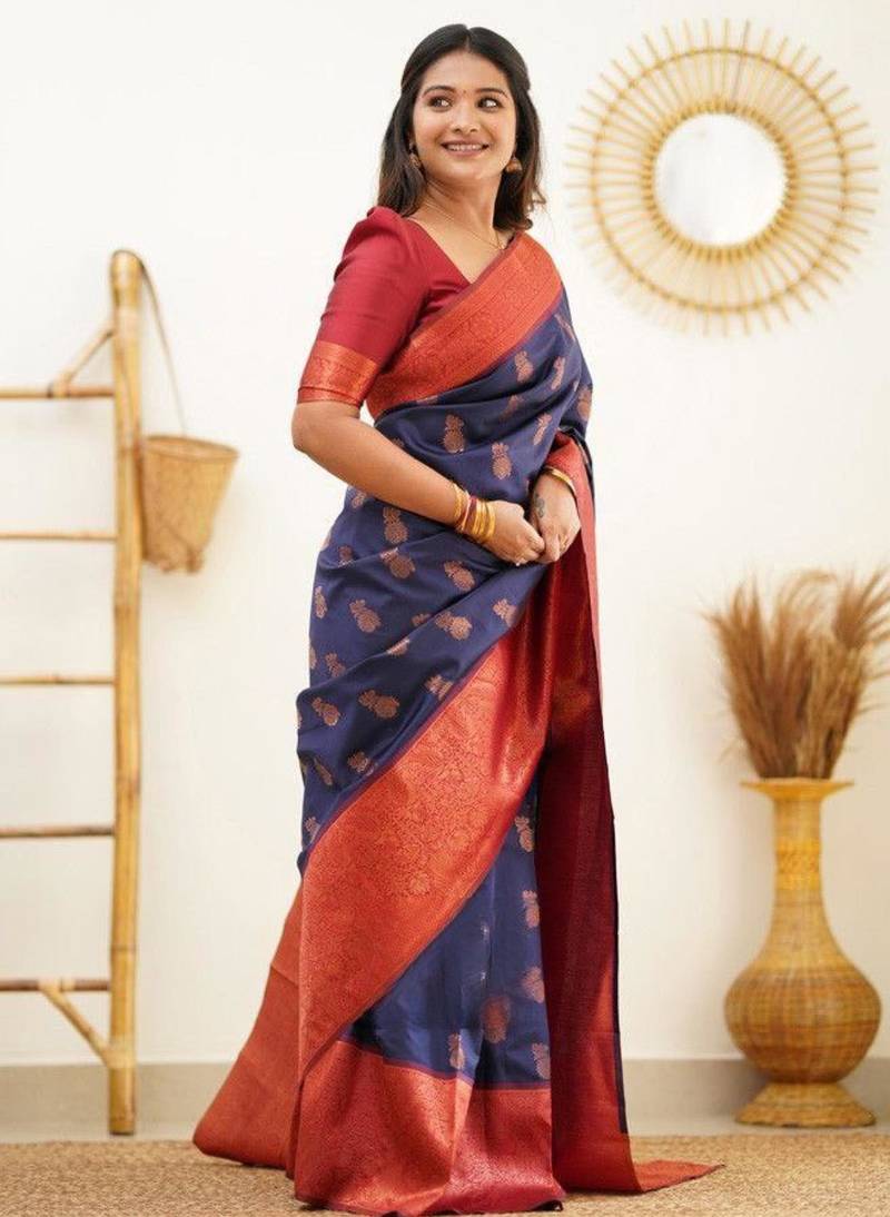 light weight navy blue resham thread pure art silk gift saree with unstitched blouse