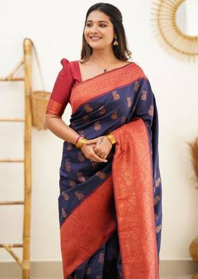 light weight navy blue resham thread pure art silk gift saree with unstitched blouse 2