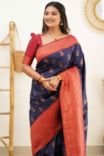 light weight navy blue resham thread pure art silk gift saree with unstitched blouse