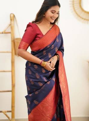 light weight navy blue resham thread pure art silk gift saree with unstitched blouse 3