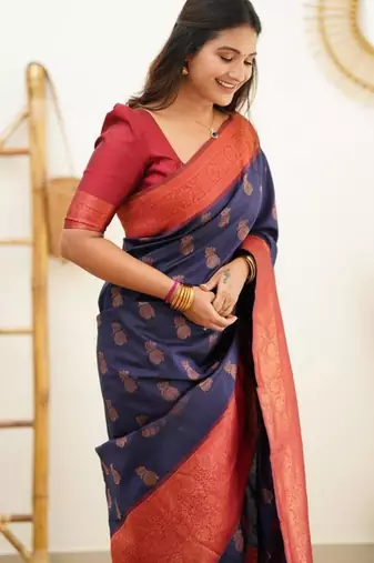 light weight navy blue resham thread pure art silk gift saree with unstitched blouse