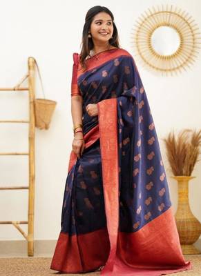 light weight navy blue resham thread pure art silk gift saree with unstitched blouse 4