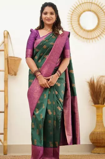 fashionable green banarasi art silk jacquard saree with unstitched blouse