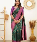 fashionable green banarasi art silk jacquard saree with unstitched blouse