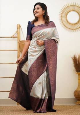 jacquard grey self design cotton silk kerala saree with unstitched blouse 1