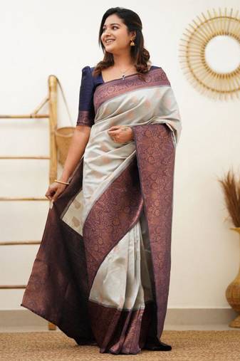 jacquard grey  self design cotton silk kerala saree with unstitched blouse
