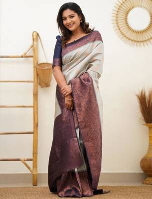 jacquard grey self design cotton silk kerala saree with unstitched blouse 2