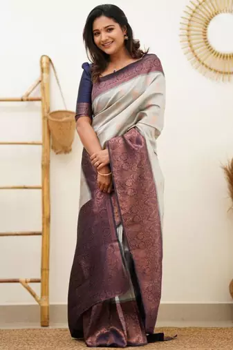 jacquard grey self design cotton silk kerala saree with unstitched blouse