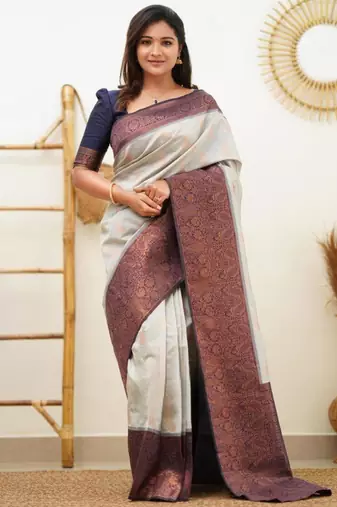 jacquard grey self design cotton silk kerala saree with unstitched blouse