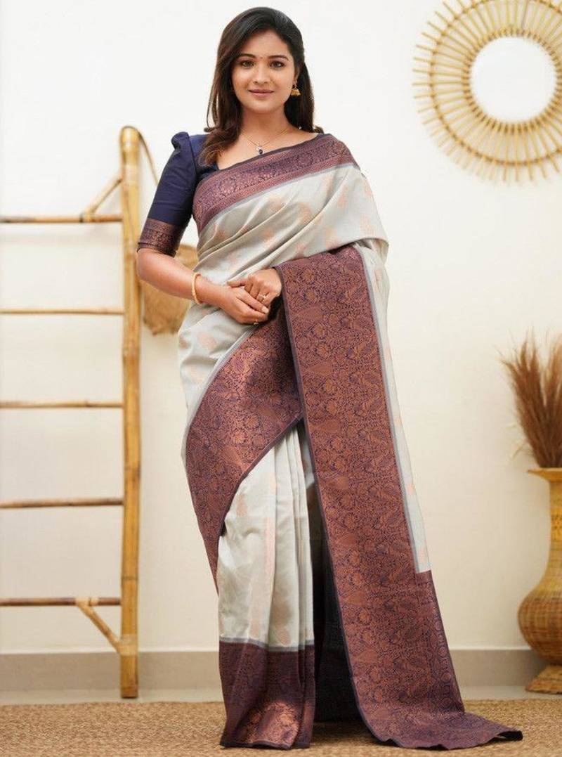 jacquard grey  self design cotton silk kerala saree with unstitched blouse