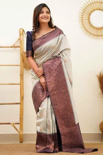 jacquard grey self design cotton silk kerala saree with unstitched blouse