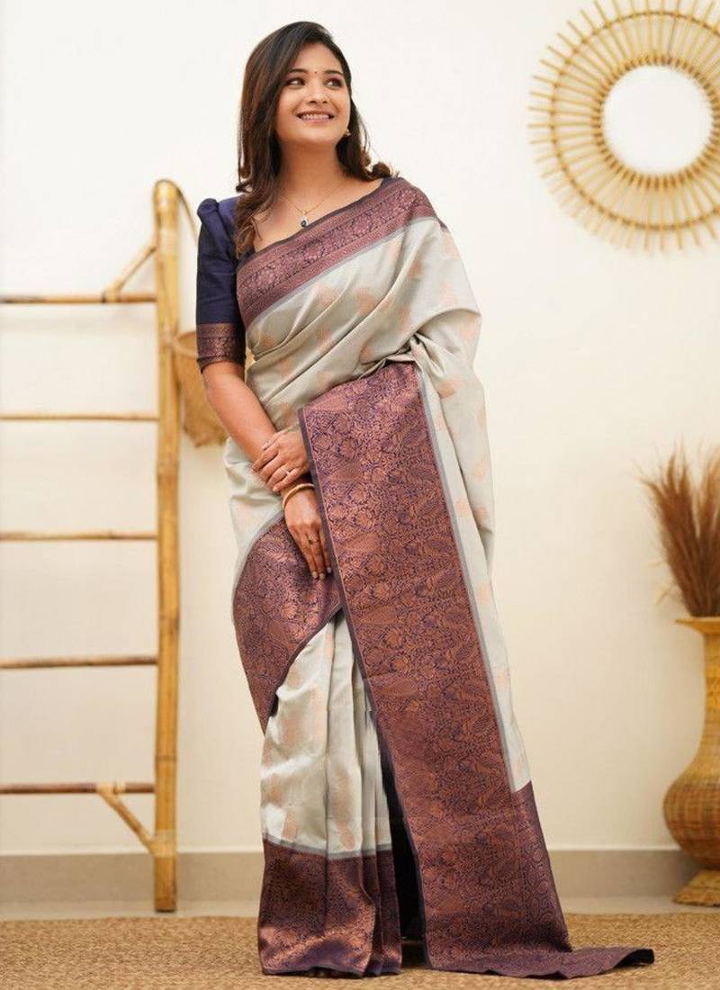 jacquard grey  self design cotton silk kerala saree with unstitched blouse