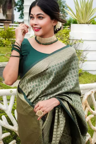 latest green self design art silk blend light weight saree with unstitched blouse