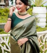 latest green self design art silk blend light weight saree with unstitched blouse