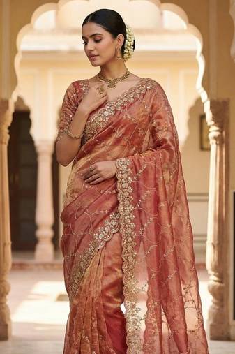 Peach Color Sequence Embroidery Work With Cut Work Border Silk Saree